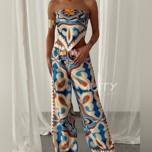 Strapless Printed Wide-Leg Jumpsuit - Blue & Brown